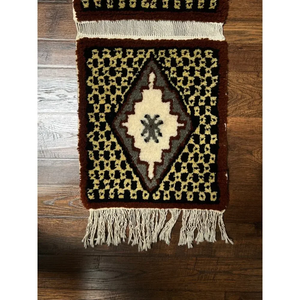 Vintage Wool Wall Hanging Crewel – Geometric Double Panel Tapestry with Fringe